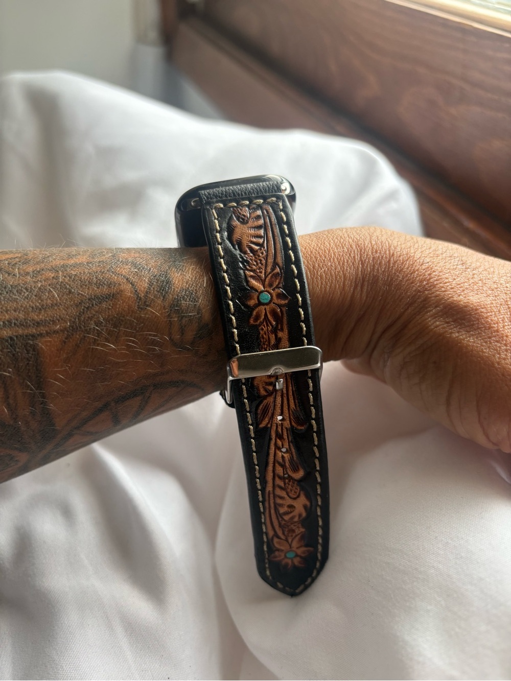 Myra Brown Tooled Leather Watch Band with Turquoise, NIB